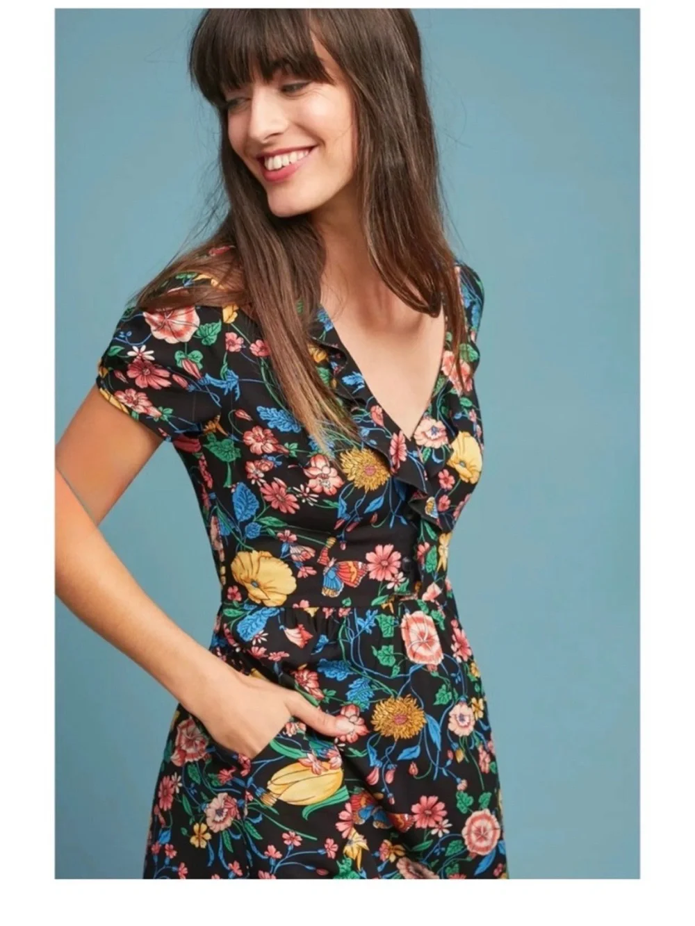 Maeve Anthropologie Bloedel Floral Dress Black Butterfly Ruffle V-neck Size 2 - Picture 2 of 5